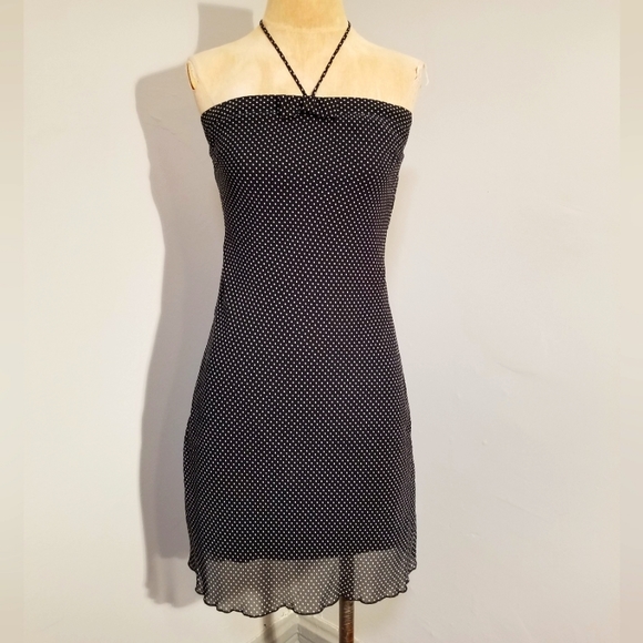 Vintage Dresses & Skirts - Y2K POLKA DOT DRESS VINTAGE HALTER BLACK & WHITE DRAPED BACKLESS EMO GOTH BABE S